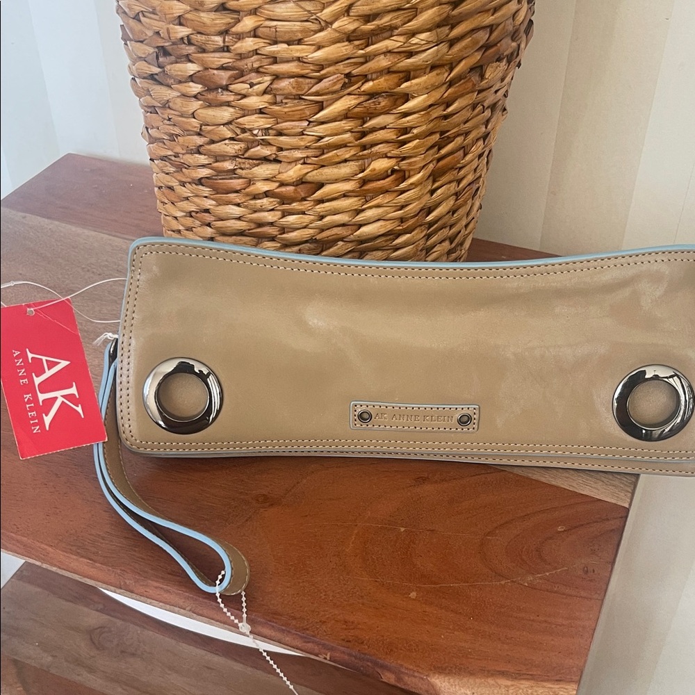 Anne Klein Taupe Patent Wristlet with Light Blue Trim